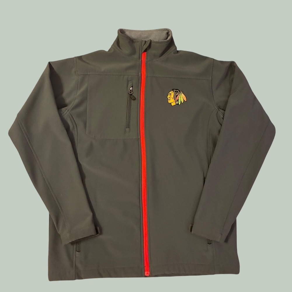 NHL Chicago Blackhawks Softshell Jacket Mens Medium Grey Fleece Lined Full Zip